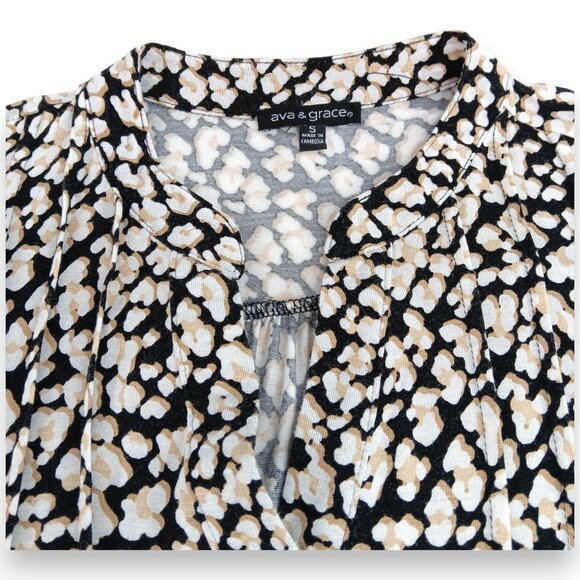 AVA & GRACE-Women's Pleated 3/4 Sleeve-SMALL-Floral-Black with White-Tan Flowers - Picture 10 of 12